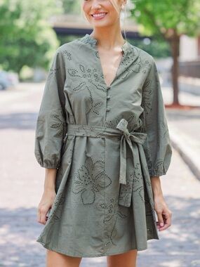 Commense Olive Green Eyelet Embroidered Tie Waist Mini Dress Boho Size L